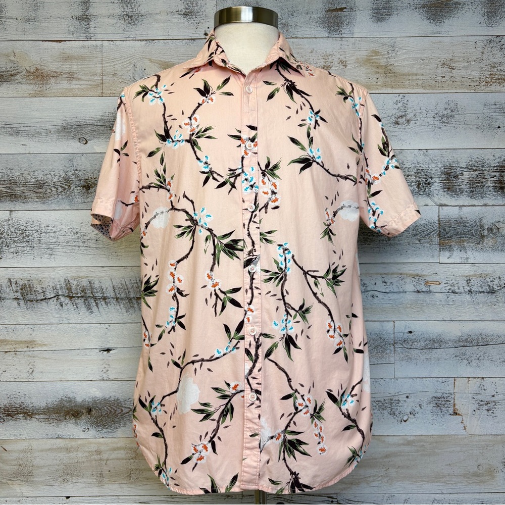 Denim & Flower Peach Floral Button Down Shirt Size L Ricky Singh Cotton Casual